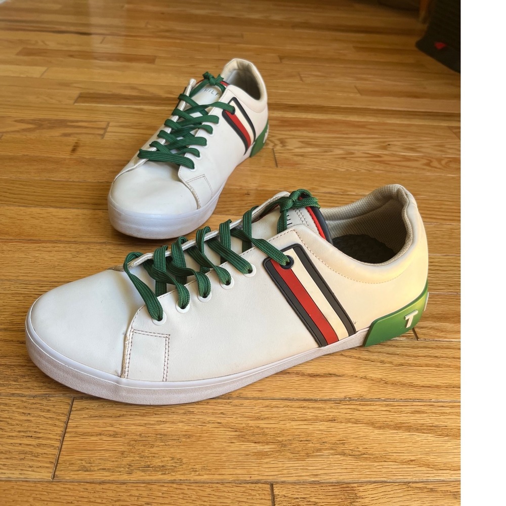 Tommy Hilfiger Mens White Low Top Sneakers 13 Green Accents Logo Stripe Shoes